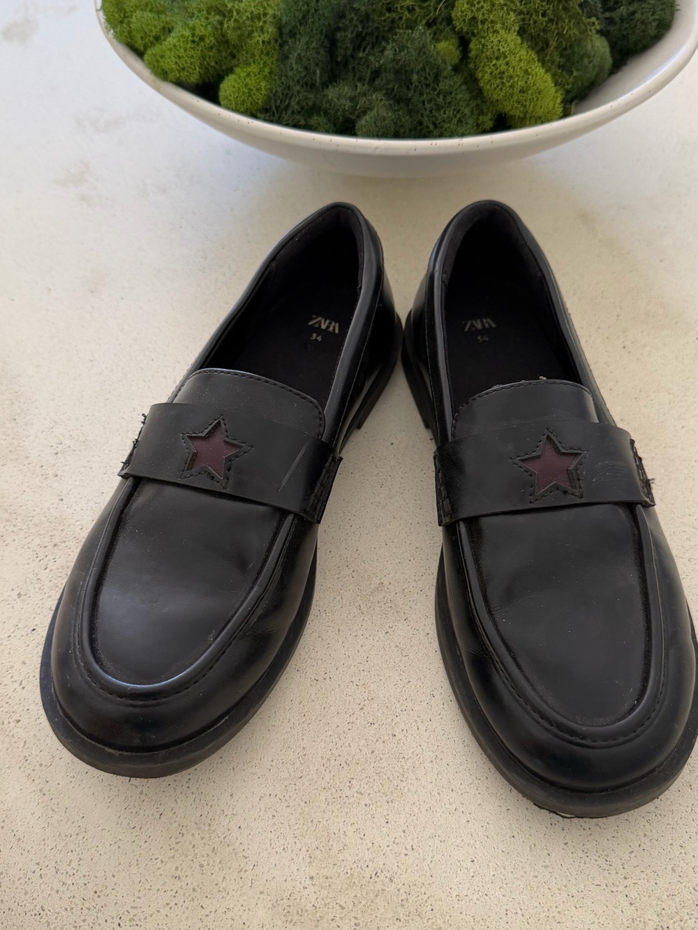Zara Black Leather Loafers with Star Accent
